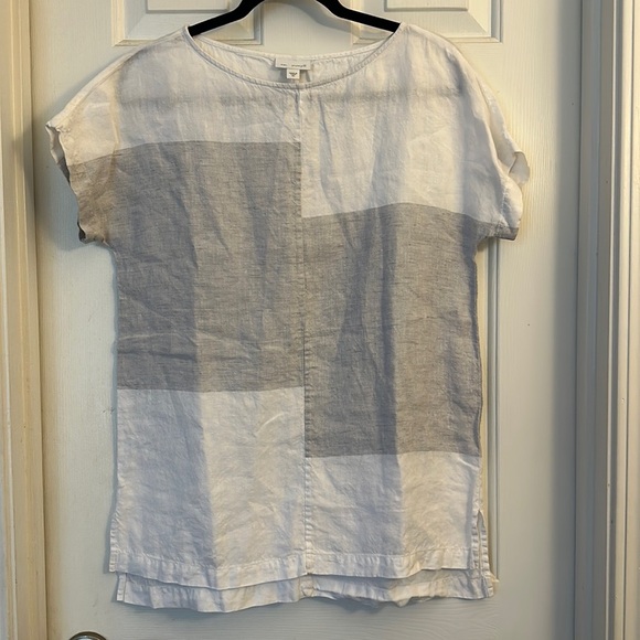 J Jill PureJill 100% Linen Boxy Oversized Short Sleeve Colorblock Blouse XS grey - Picture 1 of 4